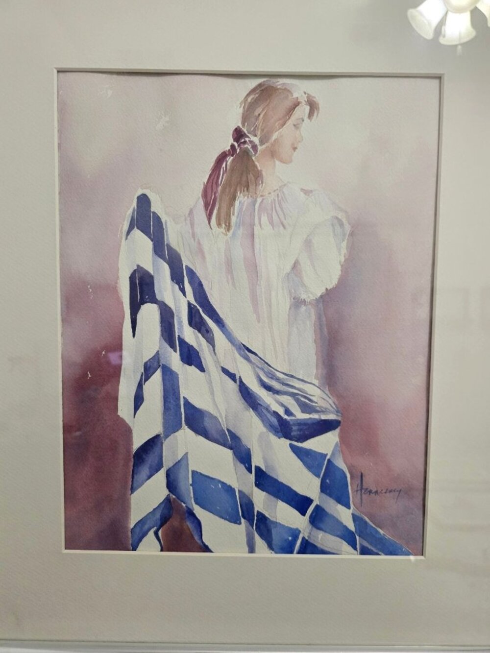 Woman With Blue & White Striped Cloth Watercolor By Hennessey In Silver Frame - Picture 2 of 14
